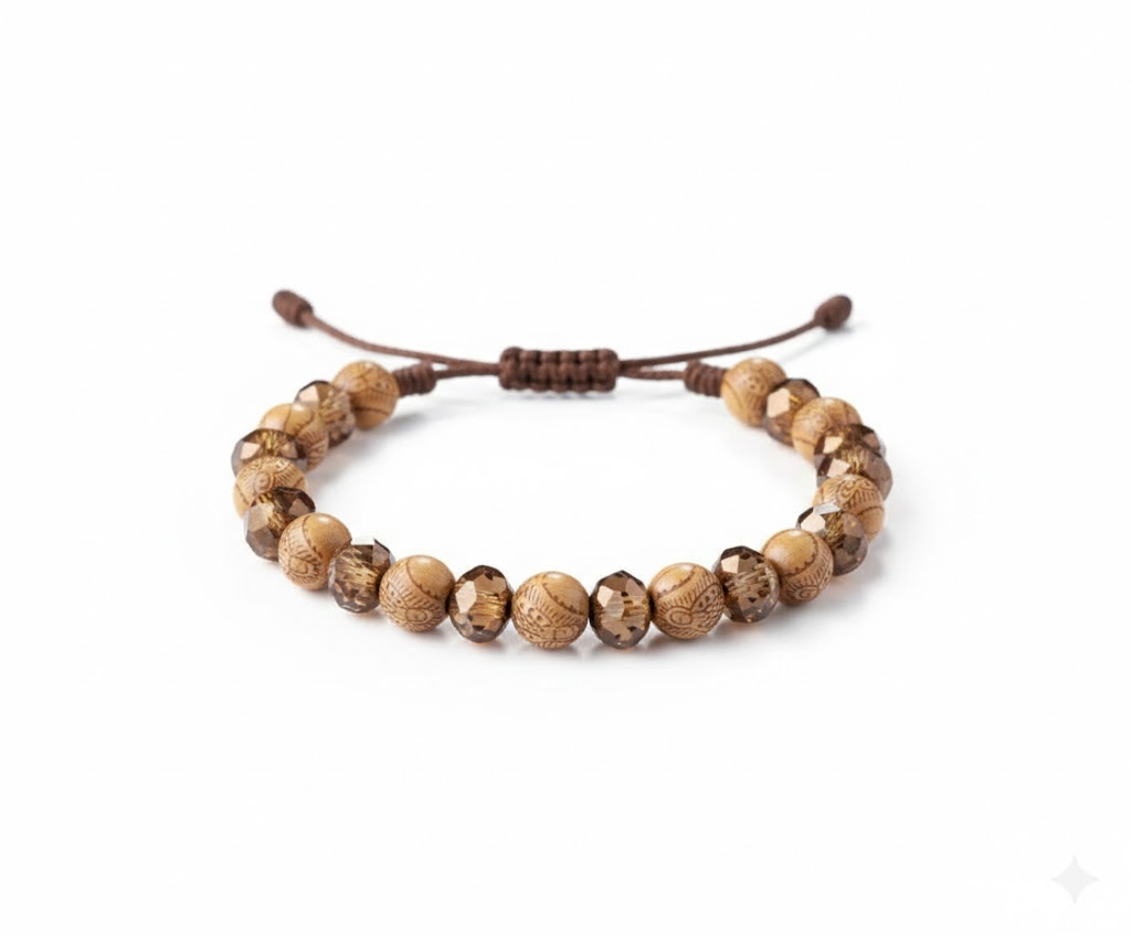 Manilla Artesanal "Esencia Terrosa" – Madera Grabada y Cristal Murano